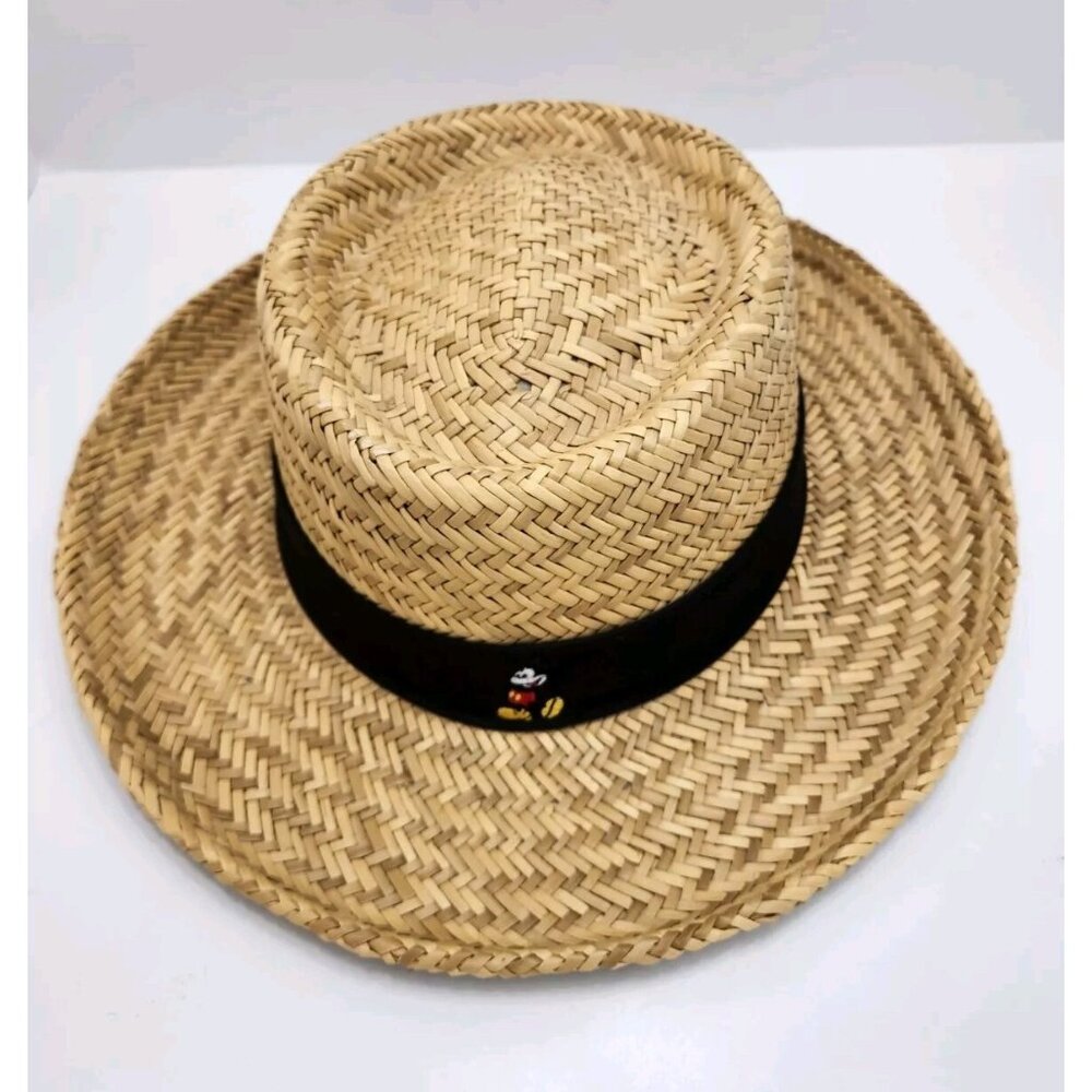 Walt‎ Disney World Flat Brim Hat Natural Straw w/Black Ribbon 8 1/4" Adult Size
